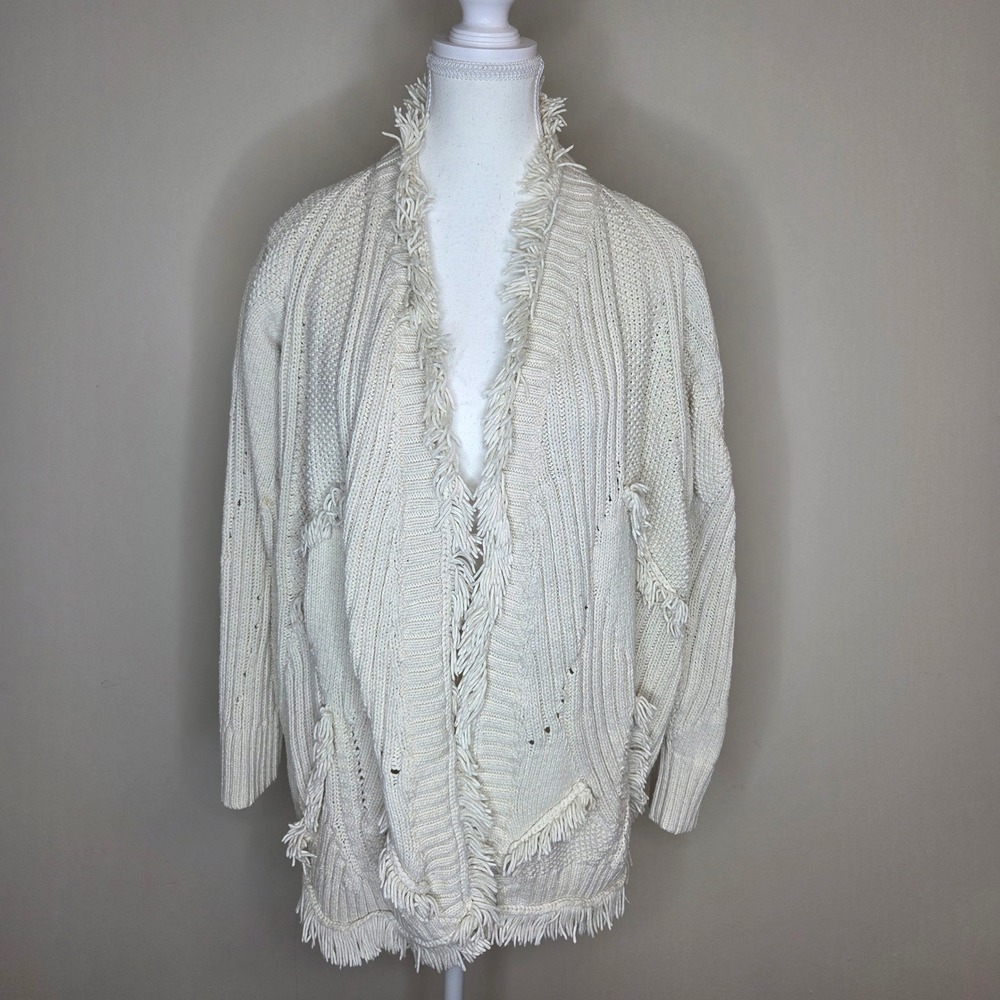 Rosie Neira Anthropologie Cream Fringe Chunky Knit Cardigan Sweater Womens MP